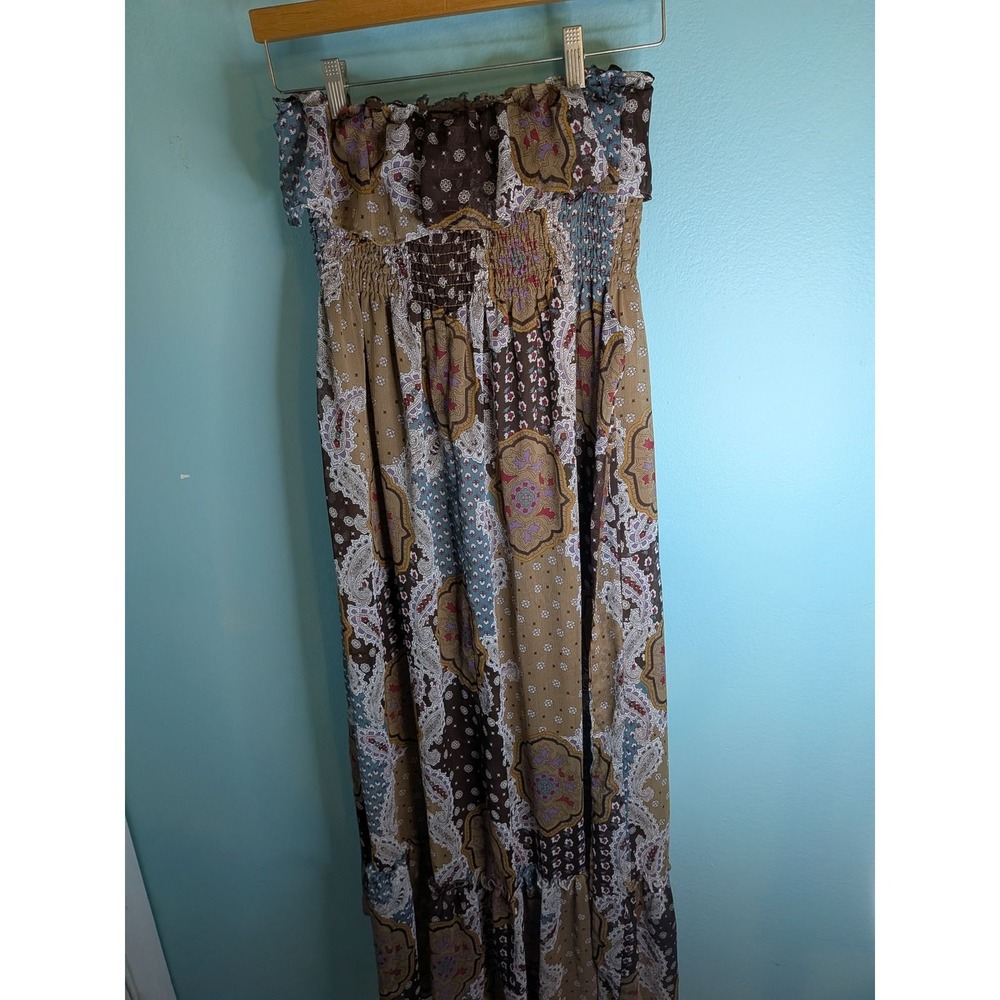 Belle du Jour Womens Paisley Patchwork Smocked Strapless Maxi Dress Brown Small